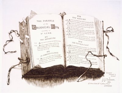 Una biblia abierta en la parábola del hijo pródigo, 1881 de James Jacques Joseph Tissot
